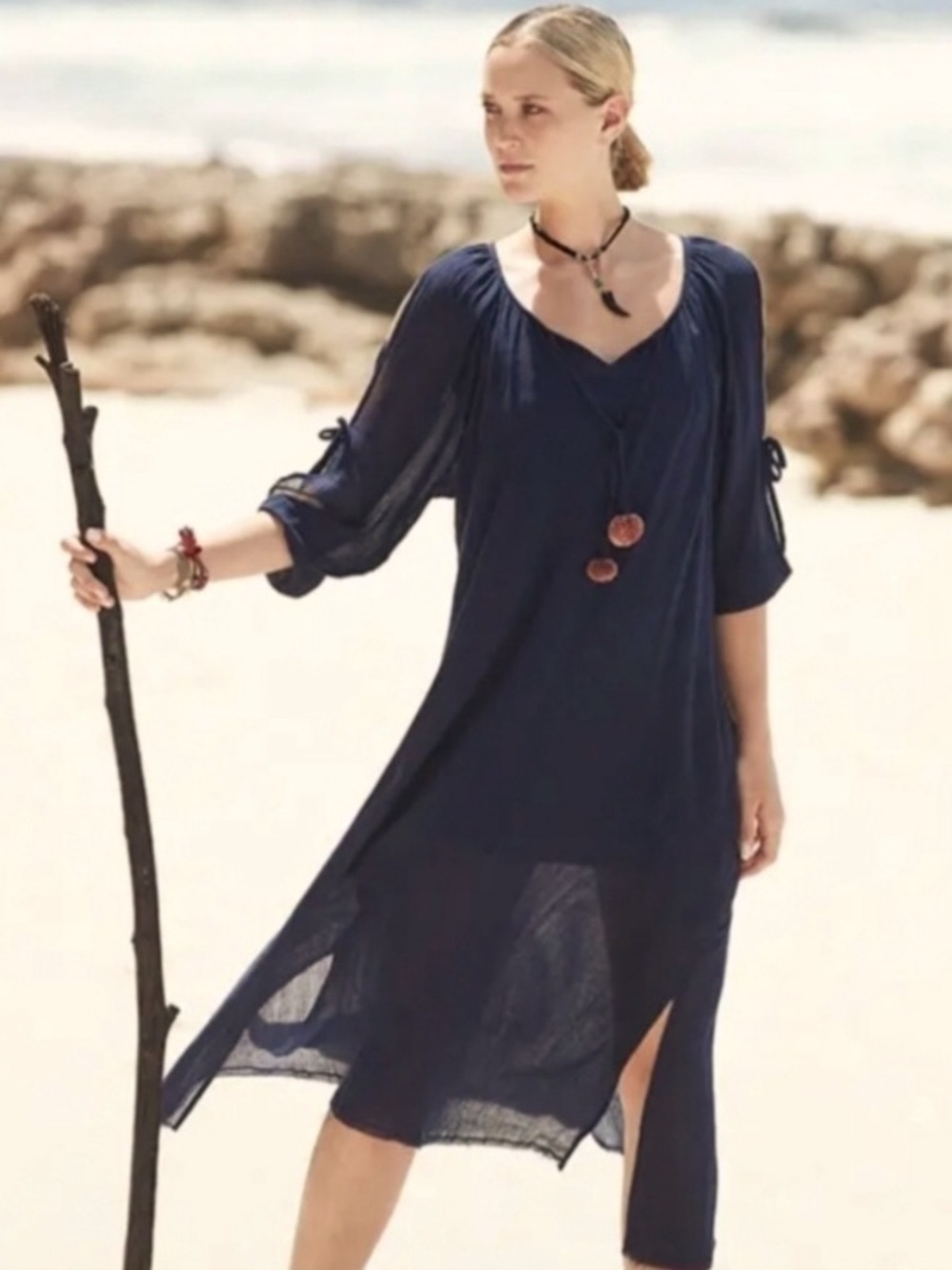 Johnny Was Calmé Gauze Split Sleeve Midi Dress 3/4 Sleeve Bamboo Cotton Size L